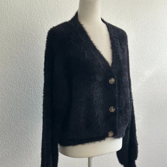 Debut Fuzzy Black Button-Front Cardigan – Size M/L – Soft Cozy Knit - Picture 1 of 8